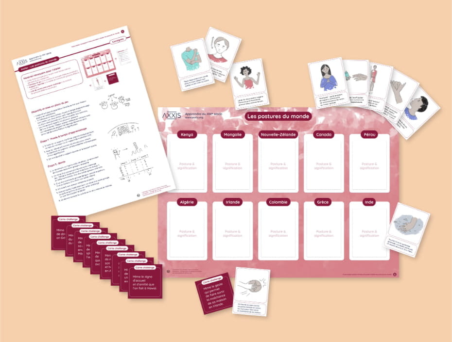 Ensemble d'éléments constituant un jeu de société pédagogique intitulé Les postures du monde et incluant un plateau de jeu, des cartes illustrées et une fiche consigne.