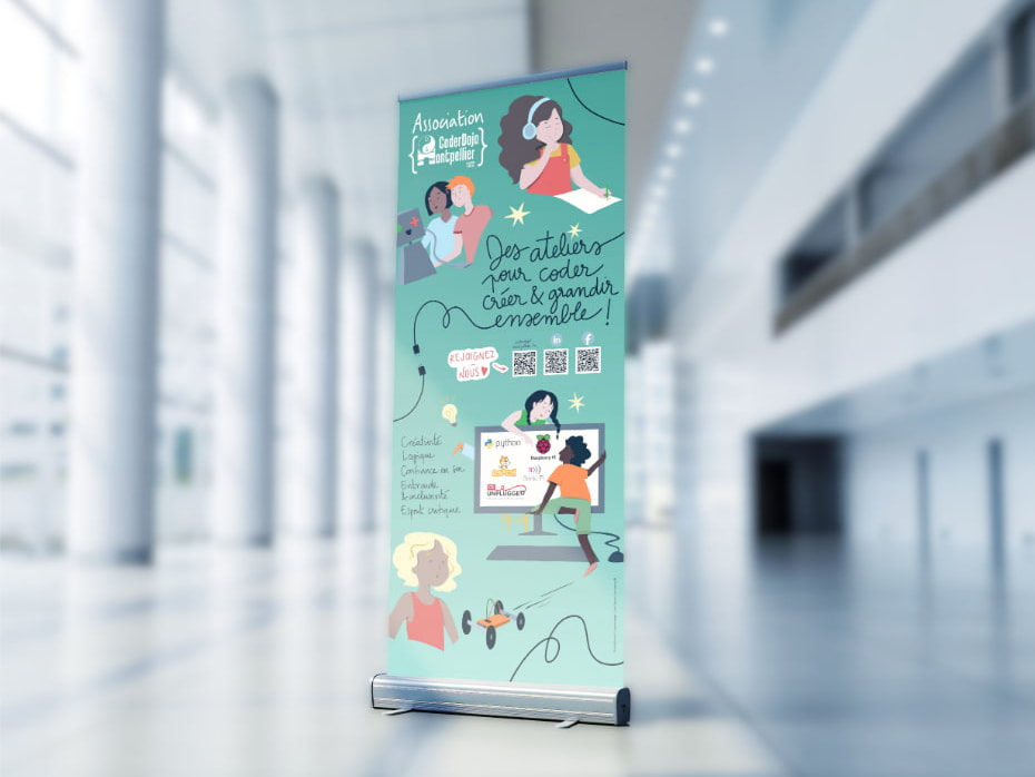 Roll-up d'exposition placé dans le hall d'un bâtiment de style moderne