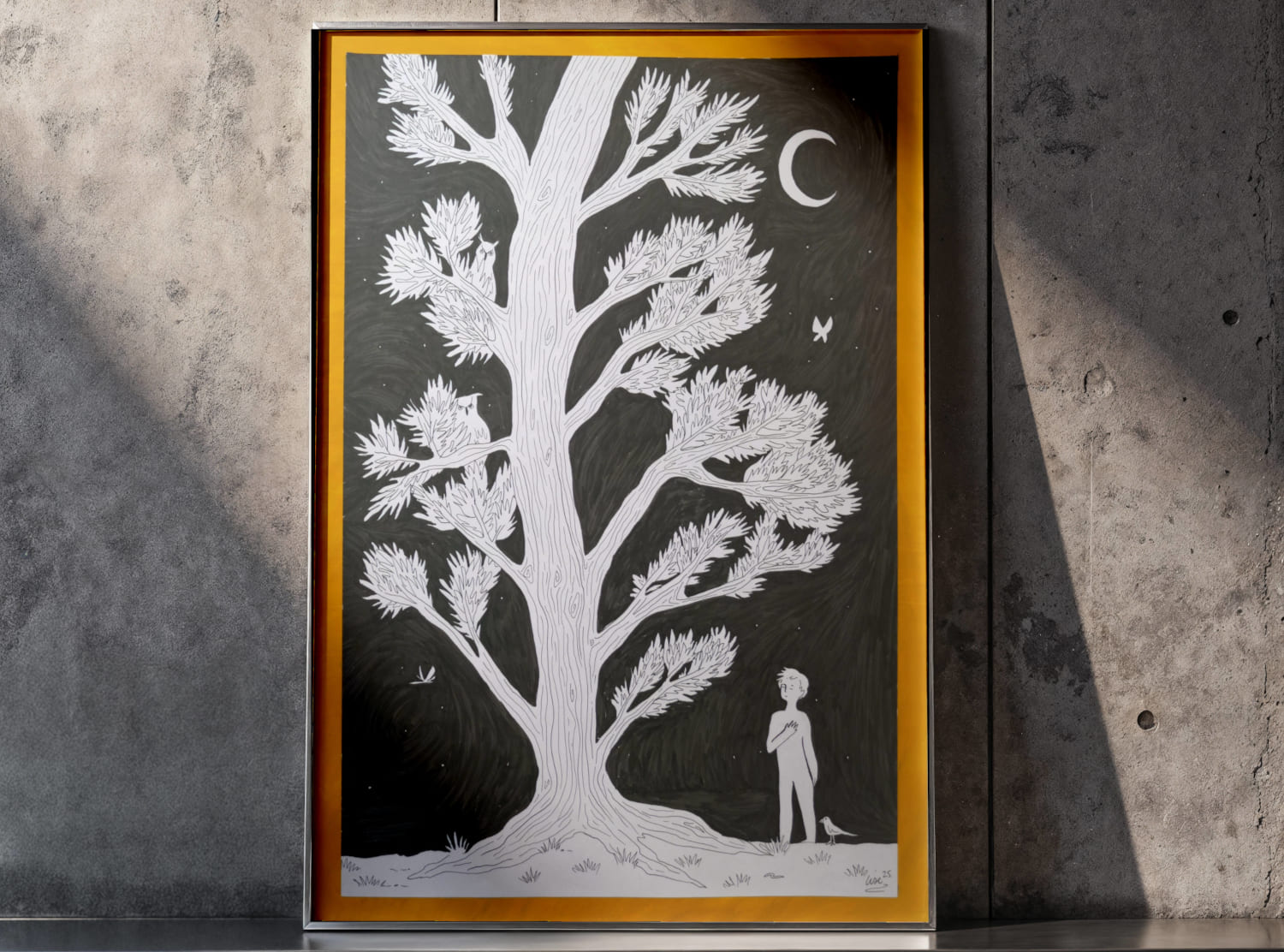 Illustration d'un arbre immense blanc sur fond noir. Un personnage asexué se tient debout à côté de lui.