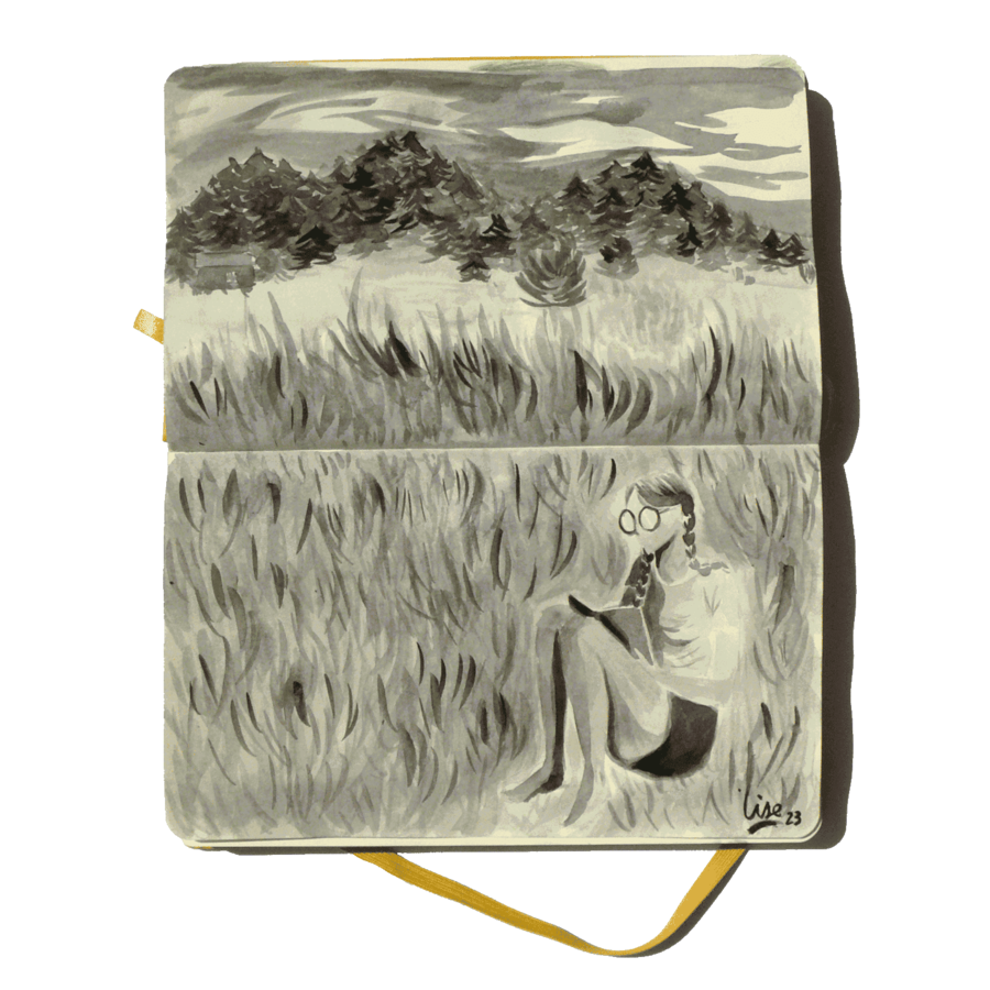 Paysage en encre de Chine avec une jeune femme assise au premier plan, qui lit