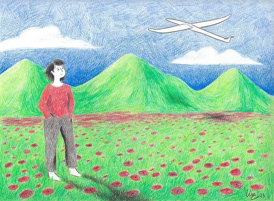 Paysage aux crayons de couleur avec une femme qui regarde un planeur dans le ciel