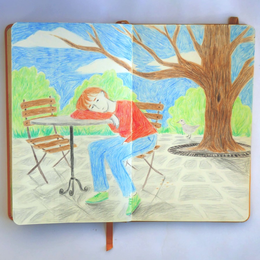 Scène aux crayons de couleur d'une jeune femme pensive, affalée sur une table, sur une place