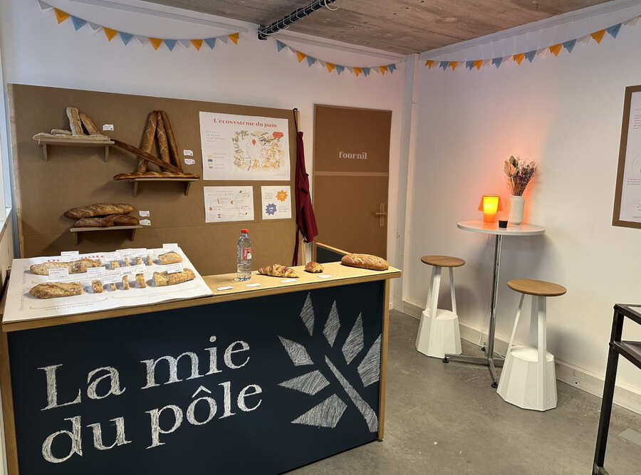 Intérieur de boulangerie chaleureux comportant un comptoir sur lequel est inscrit en gros un logo : La mie du pôle à côté d'une gerbe de blé stylisée. On peut voir des baguettes de pain derrière le comptoir ainsi que des affiches. Un table de bar ainsi que deux chaises hautes sont placées à droite du comptoir