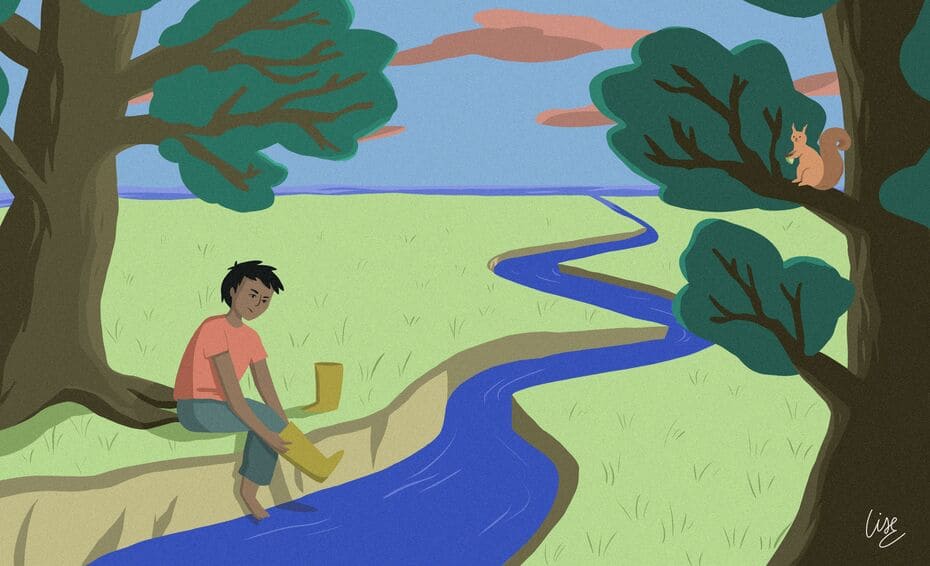 Illustration numérique en aplats colorés, représentant une prairie fendue au milieu par un cours d'eau. Deux arbres assez imposants
             l'entourent. Un garçon est assis au bord de l'eau, il enfile sa botte, d'un air énervé. Au loin se trouve la mer.