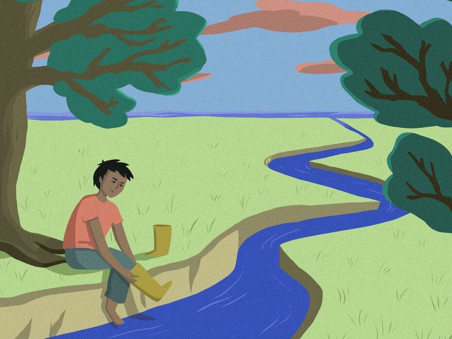 Illustration numérique en aplats colorés, représentant une prairie fendue au milieu par un cours d'eau. Deux arbres assez imposants
             l'entourent. Un garçon est assis au bord de l'eau, il enfile sa botte, d'un air énervé. Au loin se trouve la mer.
