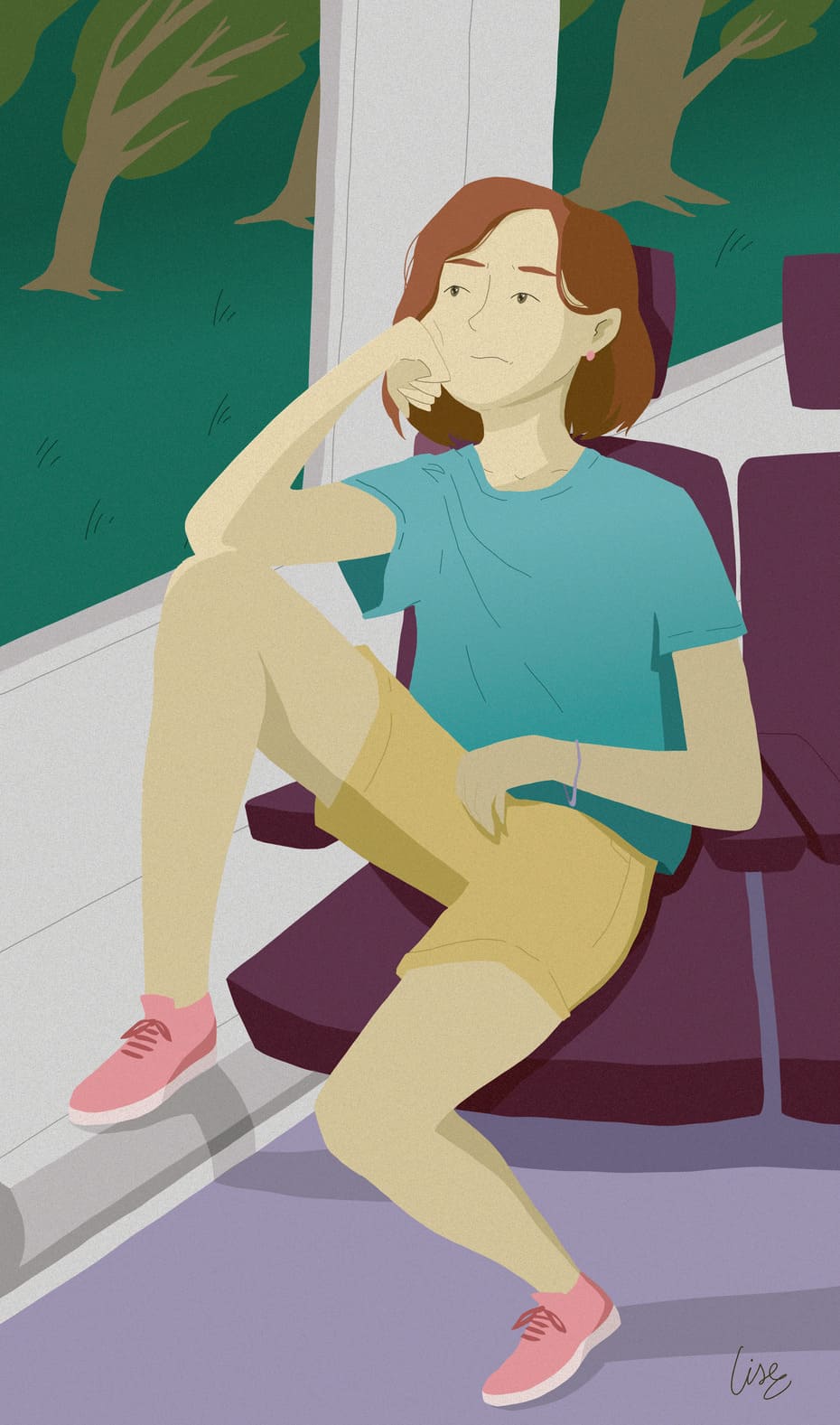 Illustration numérique stylisée, en aplats colorés, d'une jeune fille au regard mi-inquiet mi-rêveur,
              assise de façon désinvolte dans un train et regardant par la fenêtre. Dehors, il semble faire nuit et très venté car on distingue des arbres pliés par le vent.