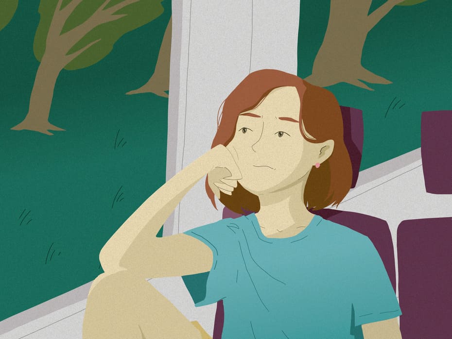 Illustration numérique stylisée, en aplats colorés, d'une jeune fille au regard mi-inquiet mi-rêveur, assise de façon désinvolte
             dans un train et regardant par la fenêtre. Dehors, il semble faire nuit et très venté car on distingue des arbres pliés par le vent.